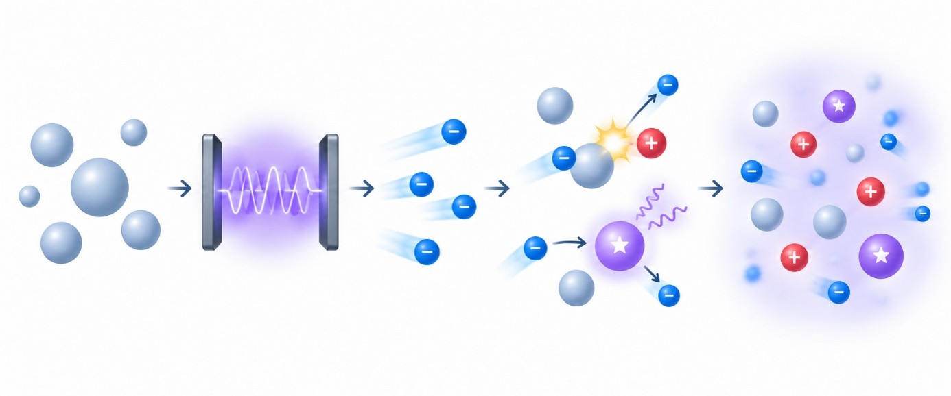 Schematische Darstellung der Plasmaentstehung: Durch Energiezufuhr und die daraus resultierenden Teilchenkollisionen wird ein Gas teilweise ionisiert. Es entsteht ein Plasma aus neutralen Teilchen, freie Elektronen, Ionen und angeregten Teilchen